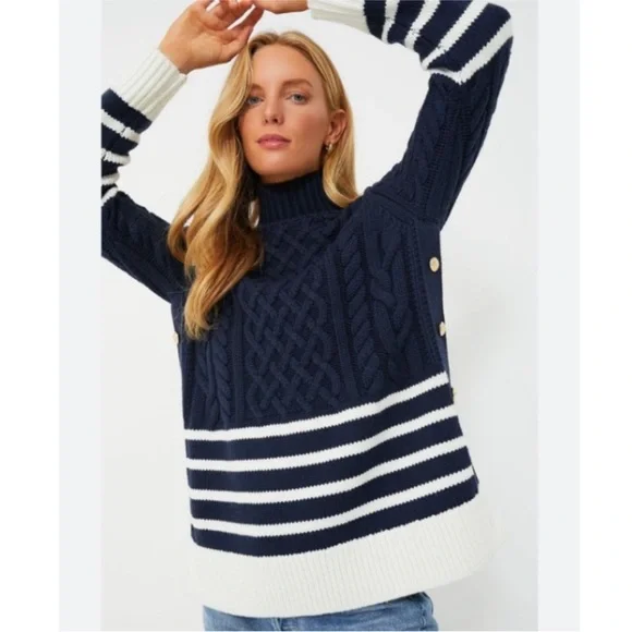 Tuckernuck Navy Striped Sankaty Cable Knit Chunky Nautical Sweater Size Large - Picture 3 of 13